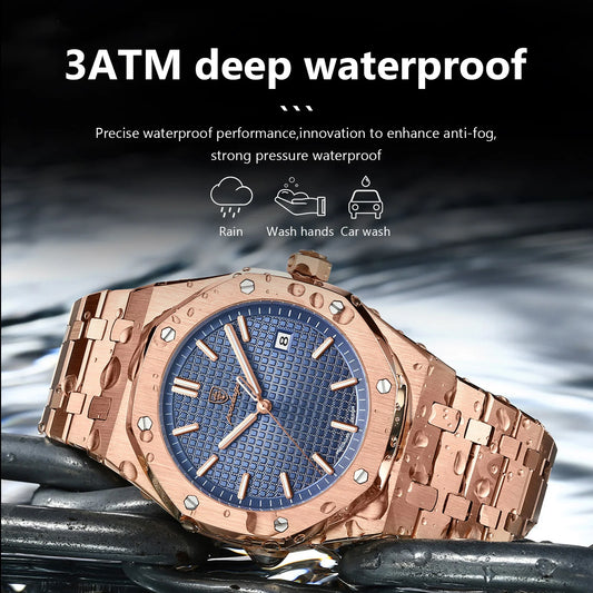 POEDAGAR Hot selling waterproof luminous calendar stainless steel men's square watch student trend business quartz watch