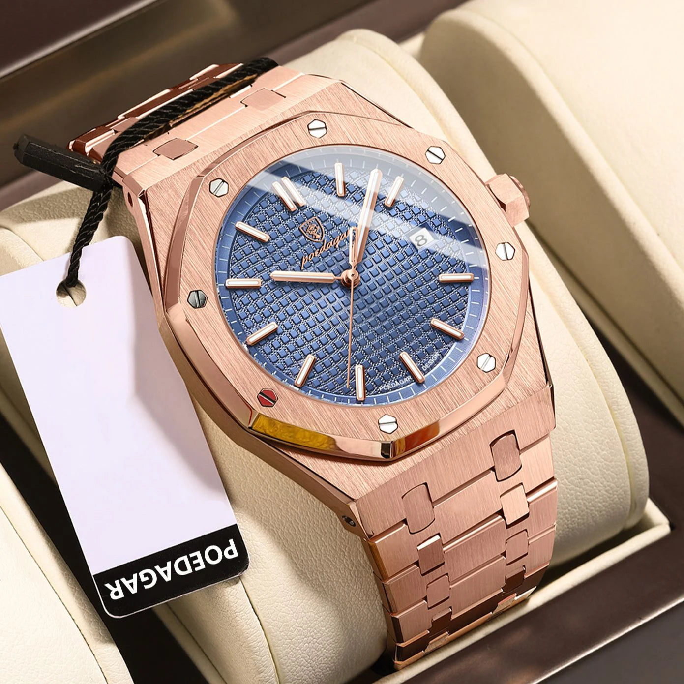 POEDAGAR Hot selling waterproof luminous calendar stainless steel men's square watch student trend business quartz watch