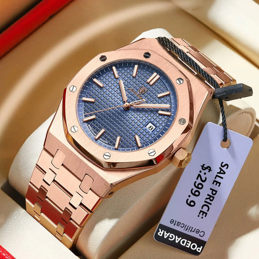 POEDAGAR Hot selling waterproof luminous calendar stainless steel men's square watch student trend business quartz watch